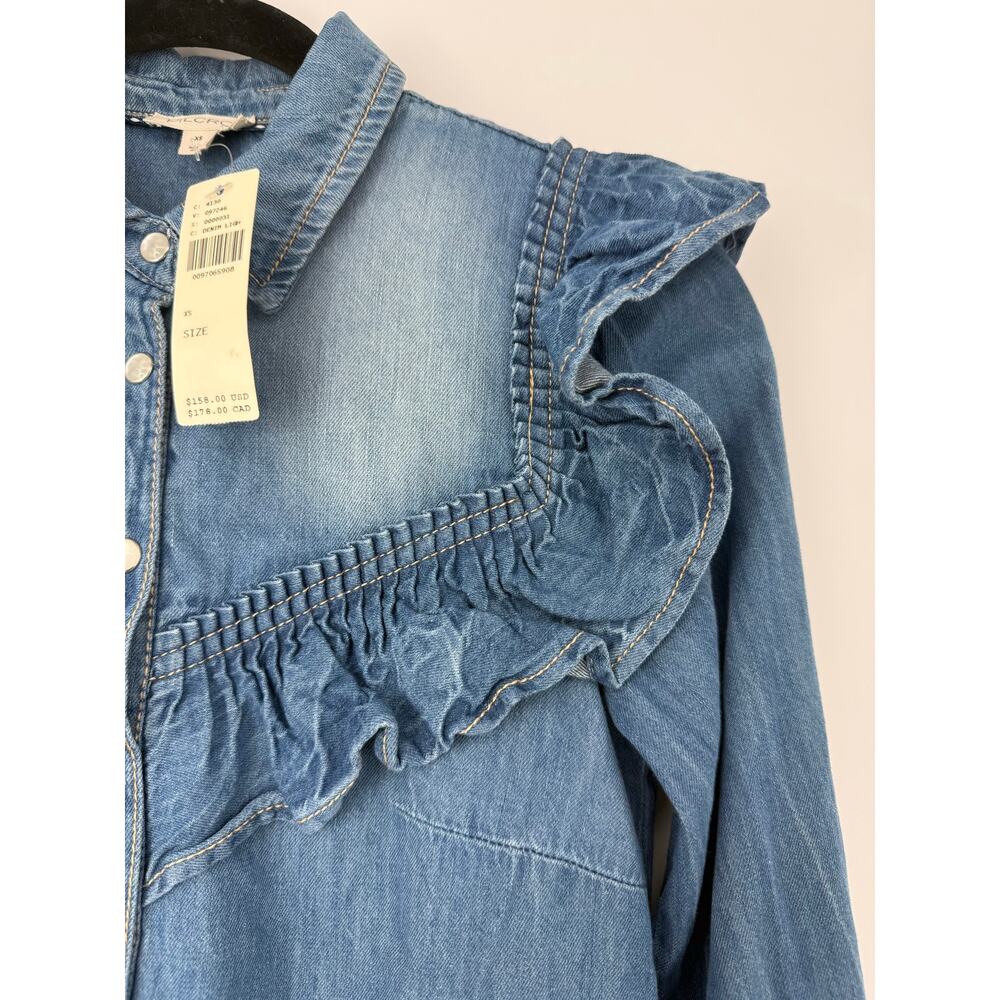 Pilcro Anthropologie Ruffled Denim Mini Shirt Dress Western Prairie Cottage XS - Picture 7 of 13